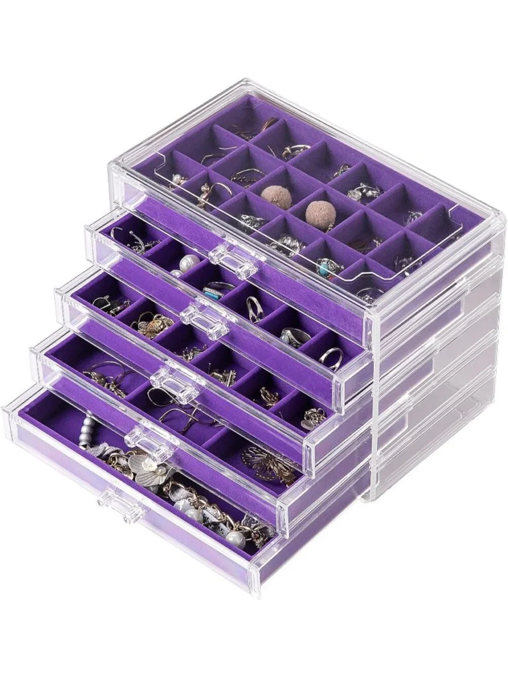 Acrylic Purple Jewelry Box5 Drawer Organizer 61 Grid Earring Bracelet Storage